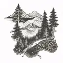 A dotwork tattoo of a hiking trail winding through a forest with subtle Atlanta sports team logos hidden in the trees, blending your passions seamlessly tattoo design idea