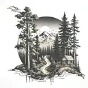 A dotwork tattoo of a hiking trail winding through a forest with subtle Atlanta sports team logos hidden in the trees, blending your passions seamlessly tattoo design idea