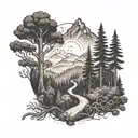 A dotwork tattoo of a hiking trail winding through a forest with subtle Atlanta sports team logos hidden in the trees, blending your passions seamlessly tattoo design idea