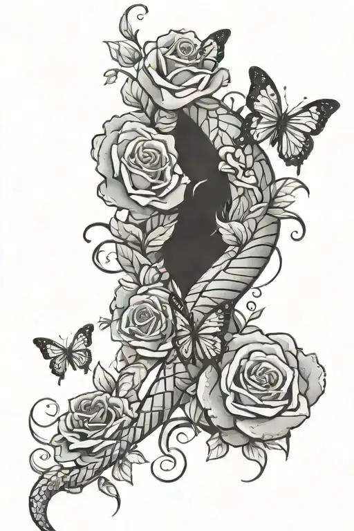 roses, snakes, butterflies flying tattoo design idea