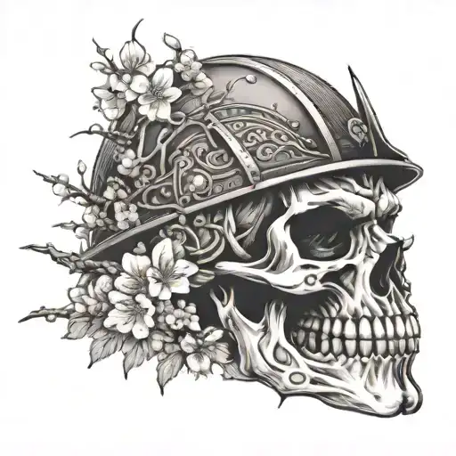 A tattoo design of a skull wearing a samurai helmet surrounded by cherry blossom trees, symbolizing the beauty of life and death, as well as your fascination with samurai culture tattoo design idea