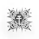 mini black cross on bottom of tricep tattoo design idea
