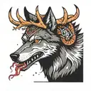 A wolf with deer antlers and salmon in his teeth tattoo design idea