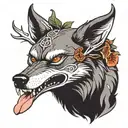A wolf with deer antlers and salmon in his teeth tattoo design idea