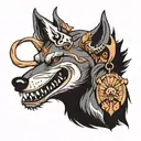 A wolf with deer antlers and salmon in his teeth tattoo design idea
