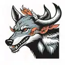 A wolf with deer antlers and salmon in his teeth tattoo design idea