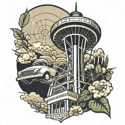 wheedle on needle with space needle pointing towards tattoo design idea