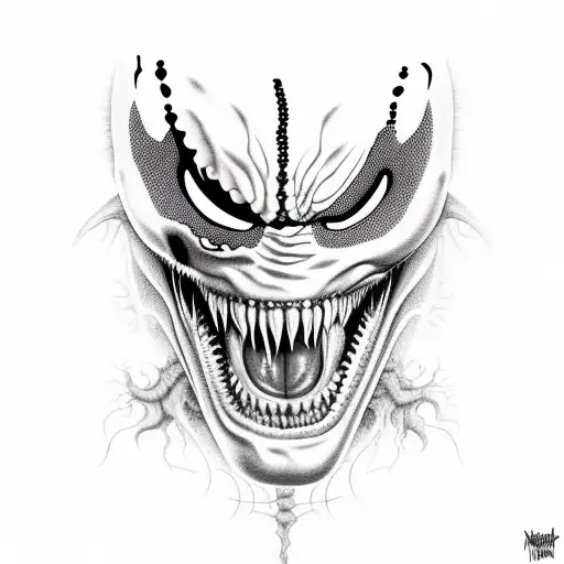 Venom portrait with open mouth and bloody teeth tattoo design idea