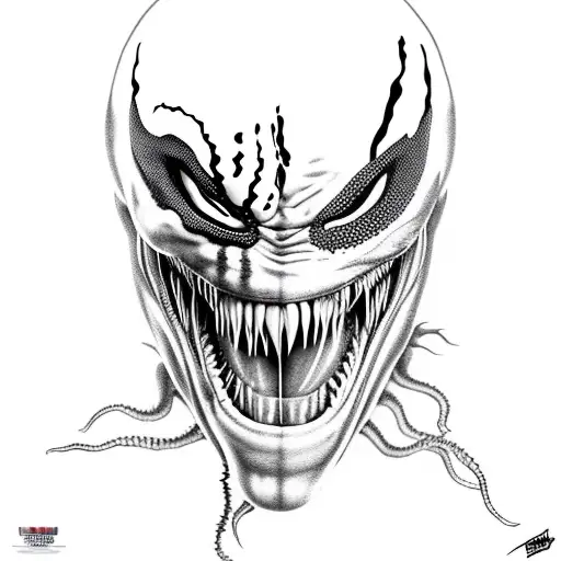 Venom portrait with open mouth and bloody teeth tattoo design idea