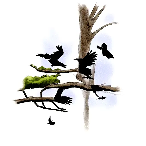 2 ravens one landing on tree branch and one taking off tattoo design idea