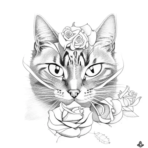 CAT WITH BUTTERFLY AND ROSES tattoo design idea