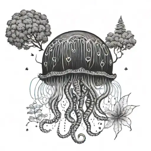 A jellyfish made out of crocheted yarn surrounded by nature elements tattoo design idea