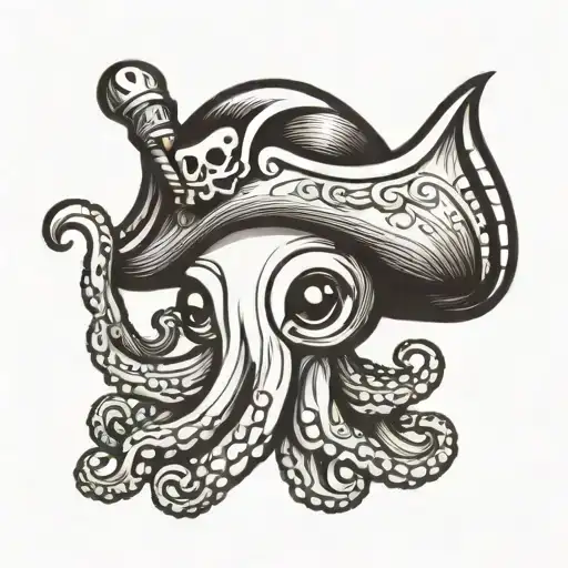 Chibi simple octopus wearing a pirate hat tattoo design idea