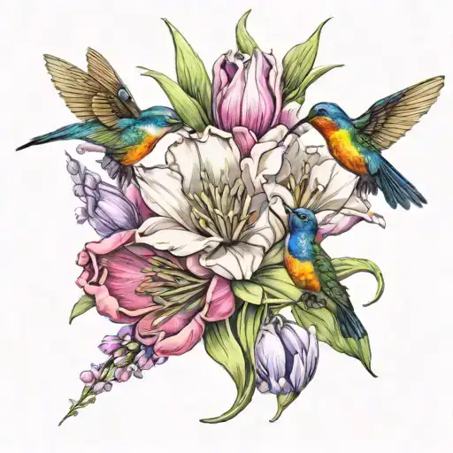 tulips, bee flying, hummingbird flying tattoo design idea