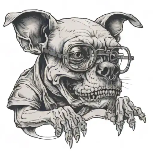 A skull with a dog sitting at its feet, both wearing programmer glasses tattoo design idea