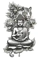 Buddha, Buddhism, Ganesha, bodhi tree, lotus flower, tiger, Hinduism, tattoo design idea