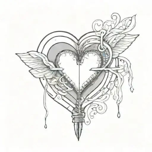 Zipper with open end where a repaired heart peeks through fineline tattoo design idea