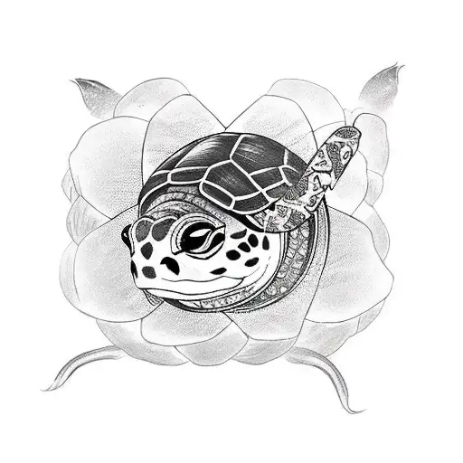 Japanese turtle with mask, lotus flower, samourai sword  tattoo design idea