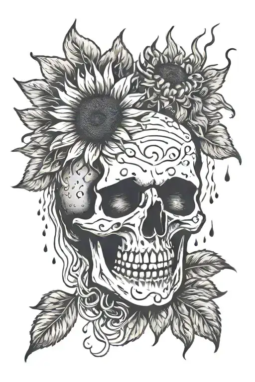 a skull crying onto a rain cloud which waters a sunflower below  it with a smiley face tattoo design idea