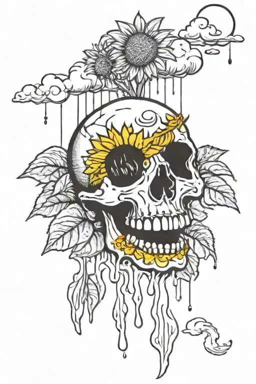 a skull crying  onto a rain cloud with growing sunflower below with a smiley face tattoo design idea