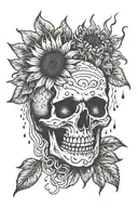 a skull crying onto a rain cloud which waters a sunflower below  it with a smiley face tattoo design idea