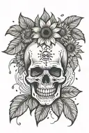 a skull crying onto a rain cloud which waters a sunflower below  it with a smiley face tattoo design idea