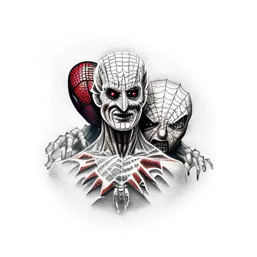 a neorealism sleeve tattoo in full color with freddy krueger next to pinhead while looking at spiderman and roger rabbit tattoo design idea