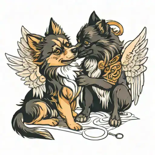 German Spitz angel stretches his paw to a girl's hand tattoo design idea