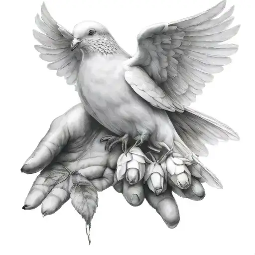 dove in hands with rose in the beak tattoo design idea