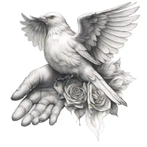 une colombes dans des mains avec des rose dans le bec  tattoo design idea