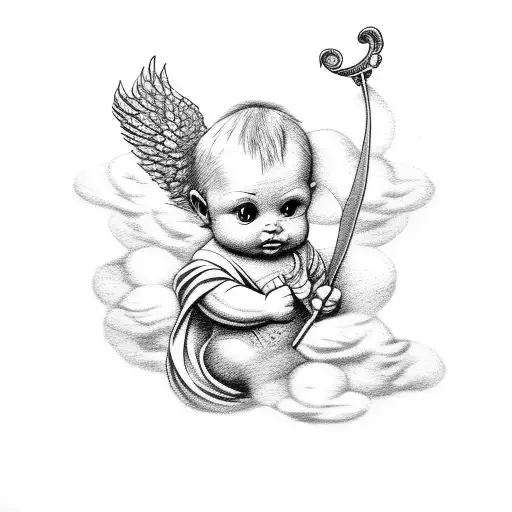 baby cupid with clouds at its feet tattoo design idea