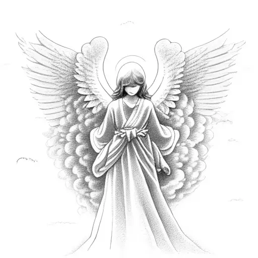 angel holdng bow with clouds at its feet tattoo design idea