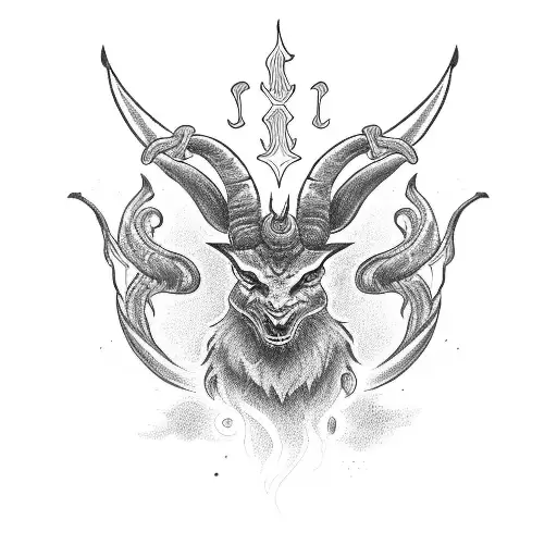 baphomet with curved horns with flames of fire around him tattoo design idea