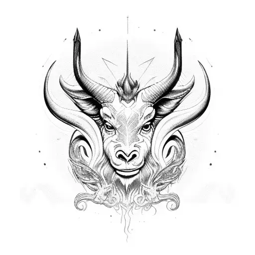a mix between an aries ram and a baphomet with flames of fire around him tattoo design idea