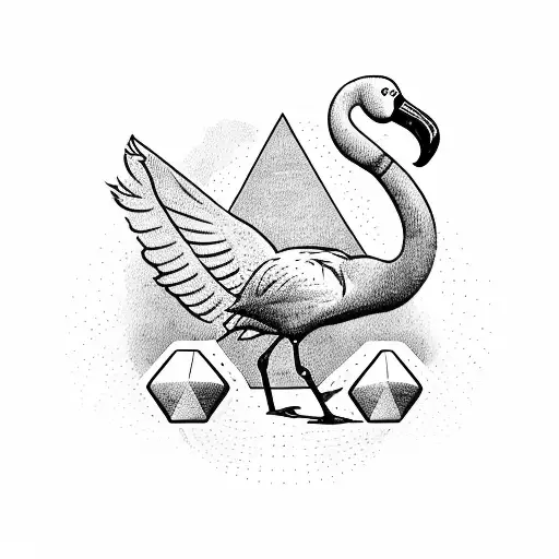 A gym logo with a flamingo standing on one leg lifting dumbell and pyramids in the background with orion constelation tattoo design idea