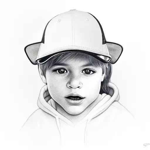A realistic portrait of the client's son, wearing a baseball cap and holding a chess piece, representing the importance of family and their shared hobbies tattoo design idea
