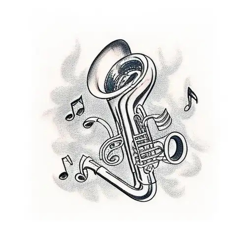 Can you make me a tattoo sketch of a tuba with sunflowers and music notes coming out of the tuba with Jani written among tattoo design idea