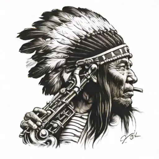 Native American playing the saxophone tattoo design idea