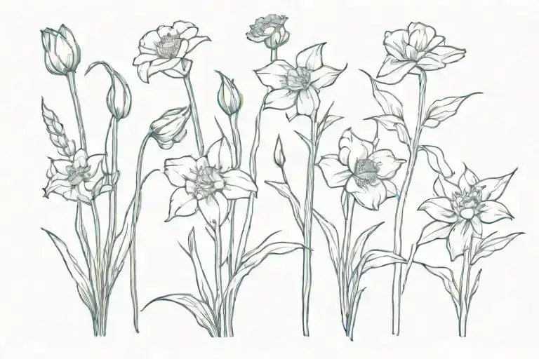 garden of daffodils, asters, morning glory, jonquil, poppy, gladiolus, growing from ashes and ruins tattoo design idea