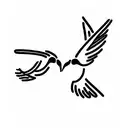  Two birds flying together in harmony, with their wings intertwined, and a small sprig of olive branch in their beaks. tattoo design idea