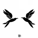  Two birds flying together in harmony, with their wings intertwined, and a small sprig of olive branch in their beaks. tattoo design idea
