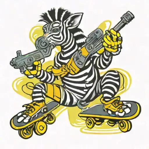 skateboarding zebra with guns money drugs tattoo design idea