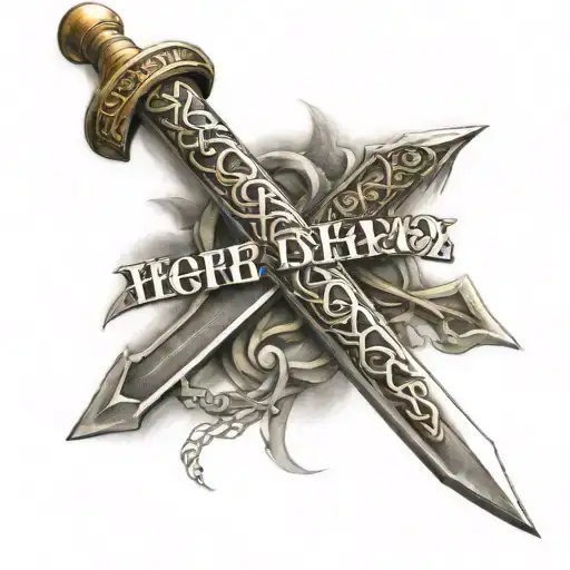 a sword tattoo on forearm with letters L,B,G,S,A written on blade of the sword but align the letters in cooler way tattoo design idea