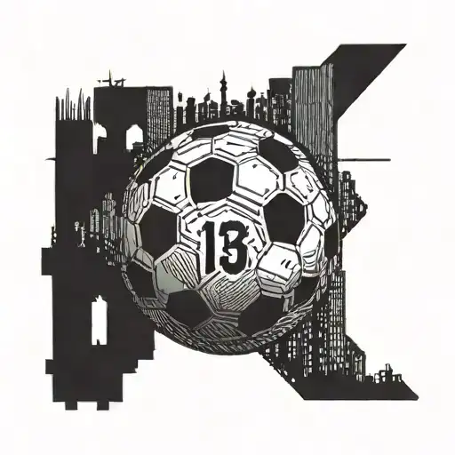 A soccer ball morphing into a city skyline representing Detroit, with the number 13 subtly integrated into the design tattoo design idea