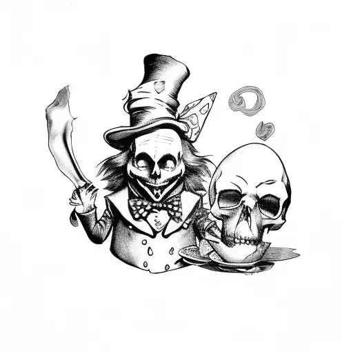 A whimsical Alice in Wonderland scene with the Mad Hatter and a skull tattoo design idea