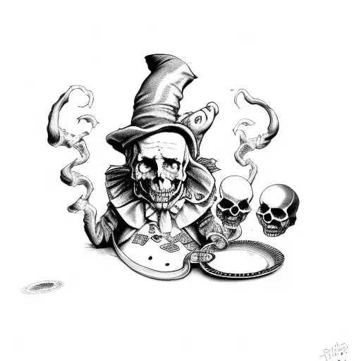 seven deadly sins version of alice in wonderland with skulls, dark themed, realism tattoo design idea