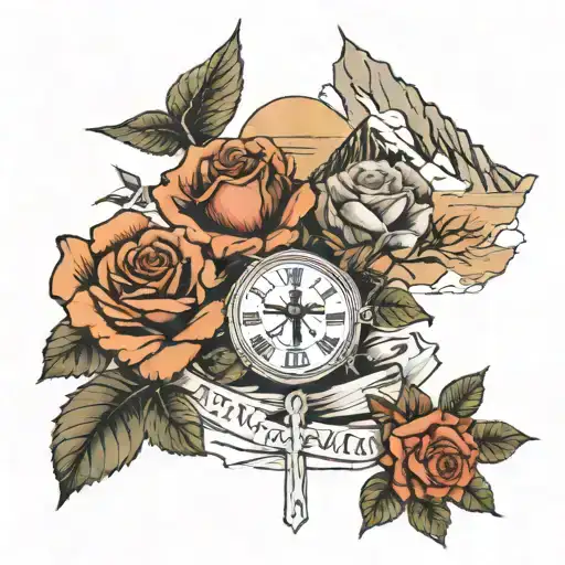 mountains and a rose and a cross and Roman numerals 06 24 2006 tattoo design idea