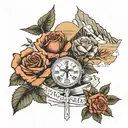 mountains and a rose and a cross and Roman numerals 06 24 2006 tattoo design idea
