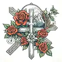 mountains and a rose and a cross and Roman numerals 06 24 2006 tattoo design idea