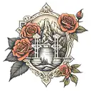 mountains and a rose and a cross and Roman numerals 06 24 2006 tattoo design idea